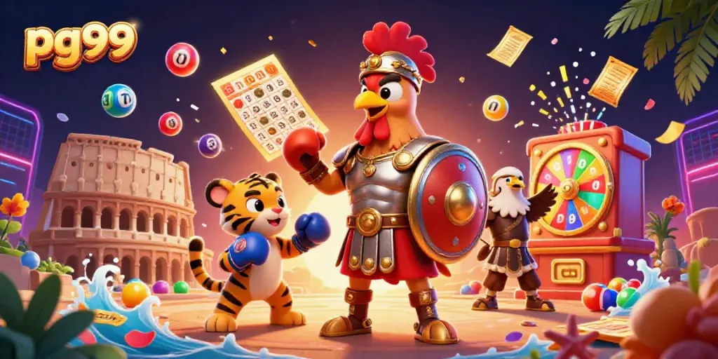 Experience thrilling casino action with pg99 in a vibrant 3D illustration filled with gaming elements.