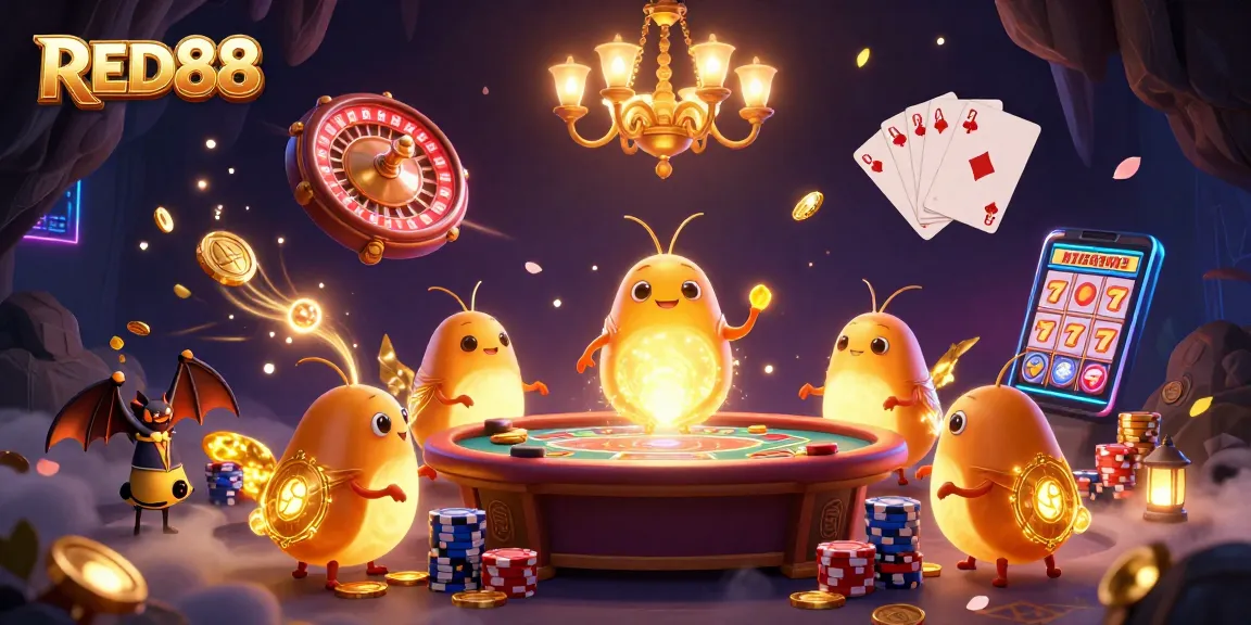 Experience the vibrant RED88 casino atmosphere where glowworms illuminate the action with neon flair and golden treasures.