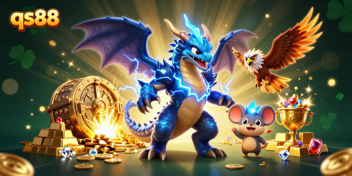 Engage in thrilling gameplay at qs88 with a vivid illustration of a thunder dragon and treasure.
