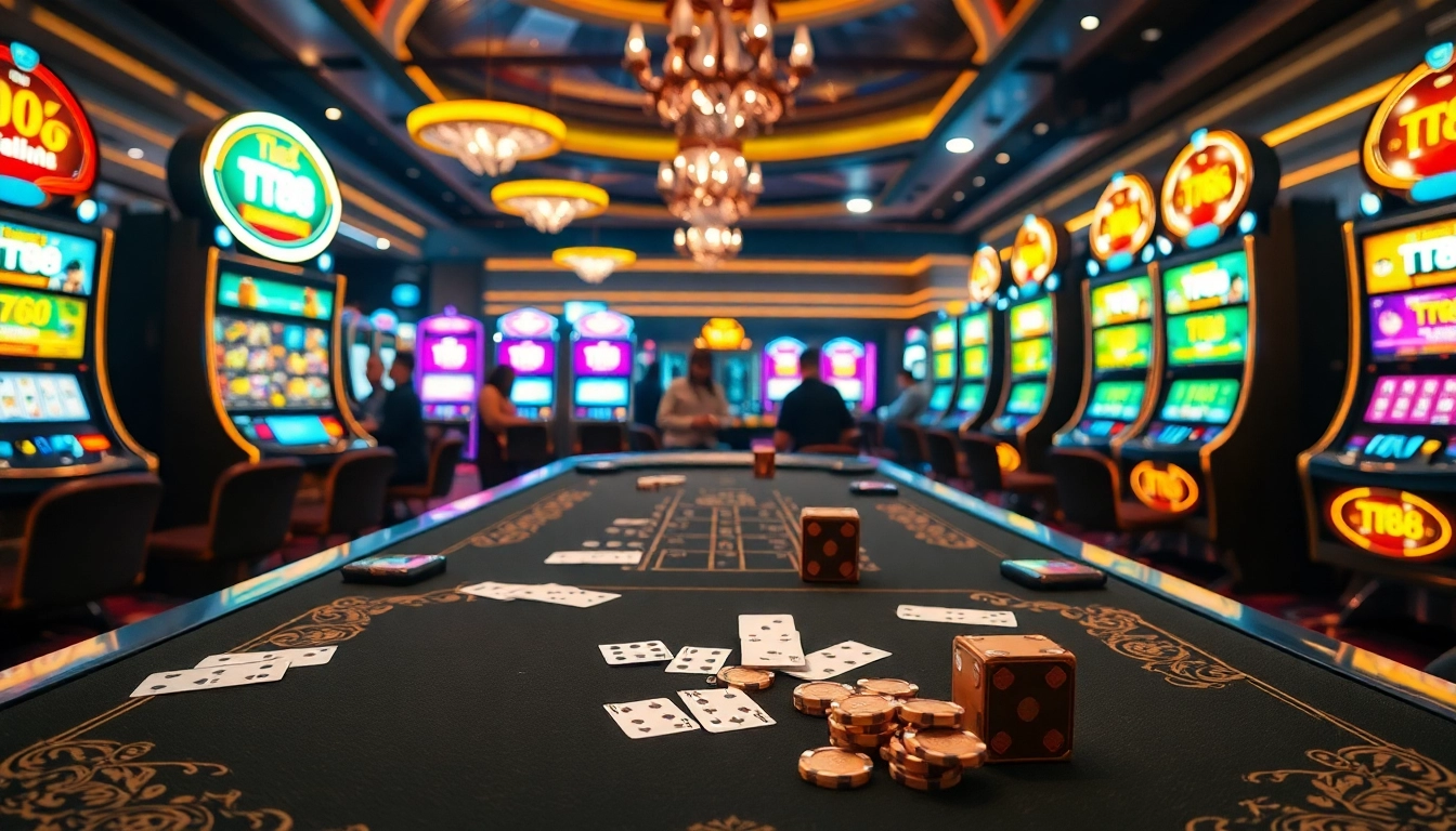 TT88 players enjoying thrilling games at a vibrant casino table filled with cards and chips.