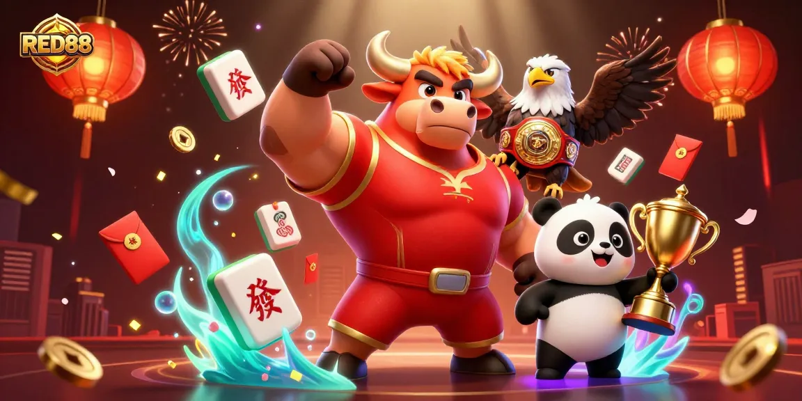 Experience RED88's vibrant casino action with exciting characters and dazzling elements in a dynamic scene.