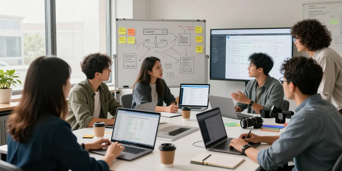 Build internal tools with AI in a dynamic office collaboration scene with diverse professionals sharing ideas.