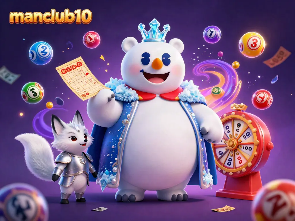 Experience the excitement of manclub10 with vibrant lottery elements and 3D characters.