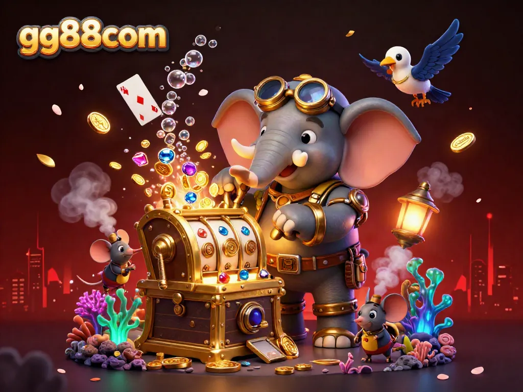 Engage with the thrilling gameplay at gg88com featuring a steampunk elephant and a golden slot machine.