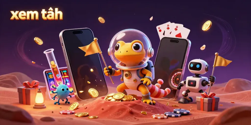 Xem thêm into a vibrant, 3D casino exploration scene featuring a Martian gecko and elements of gambling.
