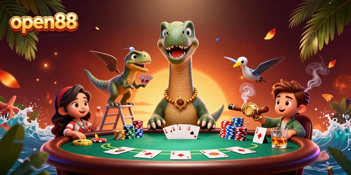 Experience the thrill of open88 with a dynamic casino scene featuring a playful brontosaurus and raptor dealing cards.