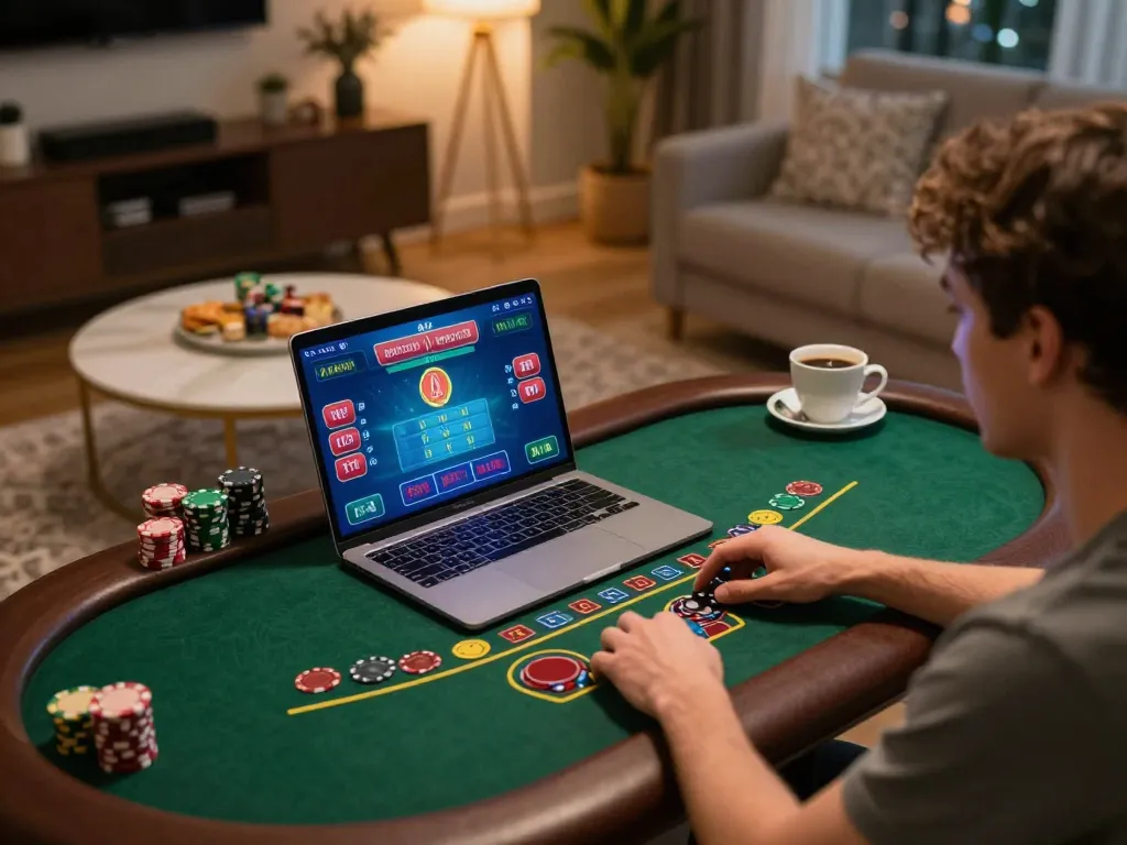 Engaging in online blackjack with alo8 on a laptop, showcasing strategic gaming at home
