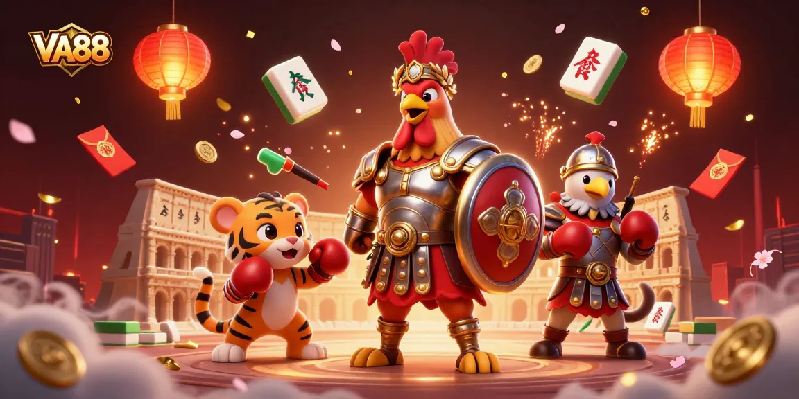 VA88 showcases a lively casino scene featuring a rooster and tiger in an action-packed illustration.