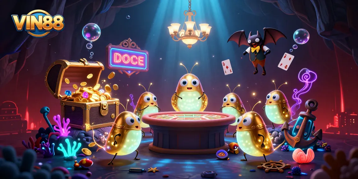 Experience the thrilling ambiance of VIN88 with bioluminescent glowworms illuminating a vibrant casino.