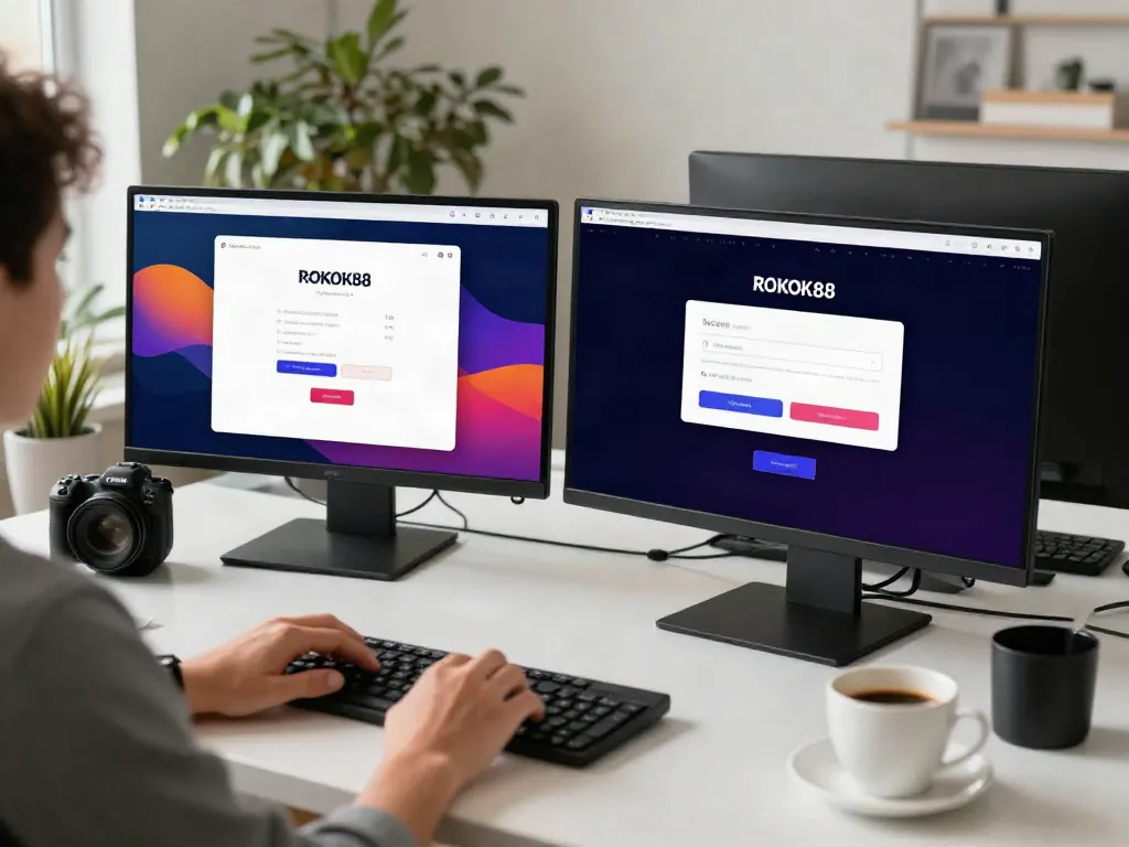 Engaging ROKOK88 login process in a modern workspace with vibrant screens.