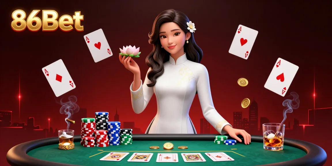 Experience the excitement of 86Bet casino with vibrant poker elements and a graceful Asian woman.