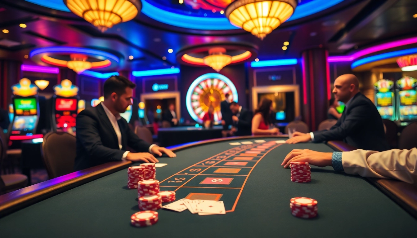 Man club gamblers engaged at a stylish blackjack table with vibrant casino elements.