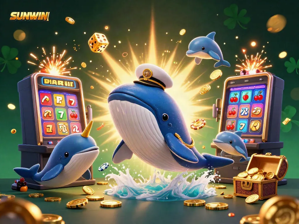 Experience the excitement of SUNWIN with a vibrant scene of a cartoon whale and casino games.