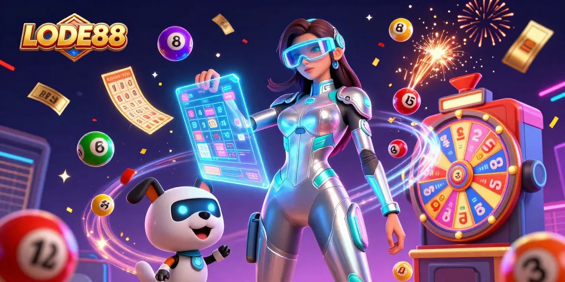 Engage in thrilling gameplay at LODE88 with vibrant lottery elements, colorful prizes, and a futuristic atmosphere.