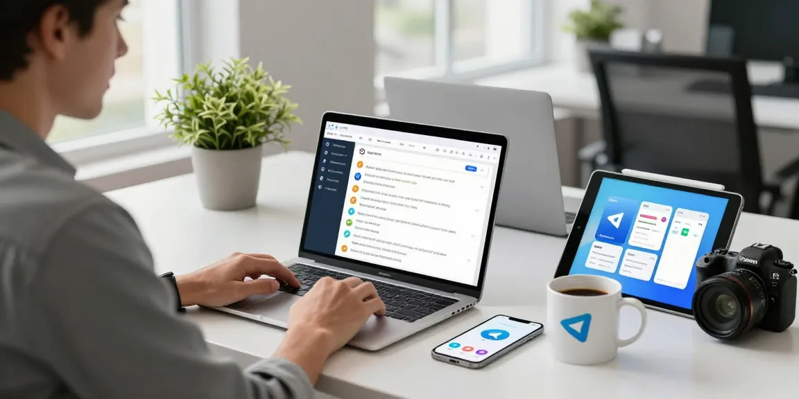 Download Telegram interface on a laptop in a modern workspace, showcasing seamless communication technology.