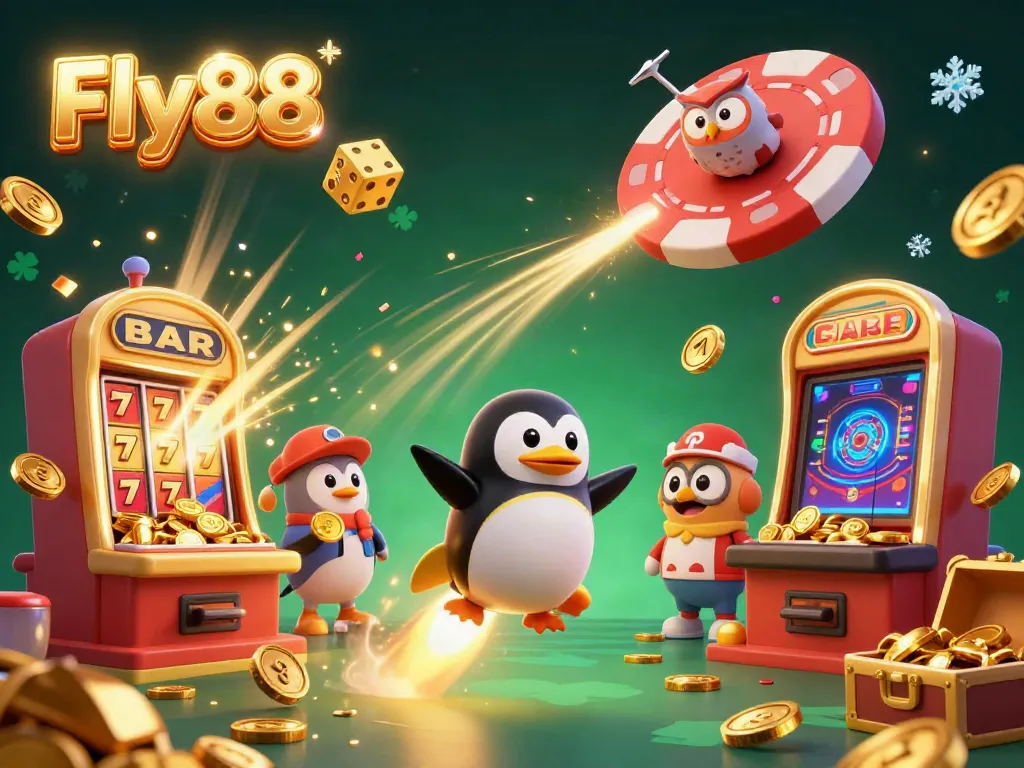 Experience the thrill of Fly88 with a dazzling 3D golden penguin rocket and slot machines exploding with winnings!