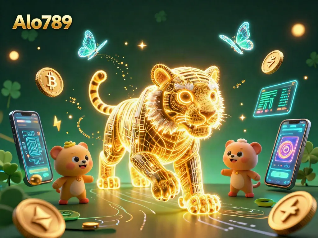 Alo789 showcases a golden tiger lighting up a vibrant digital casino, symbolizing thrilling wins in gambling.