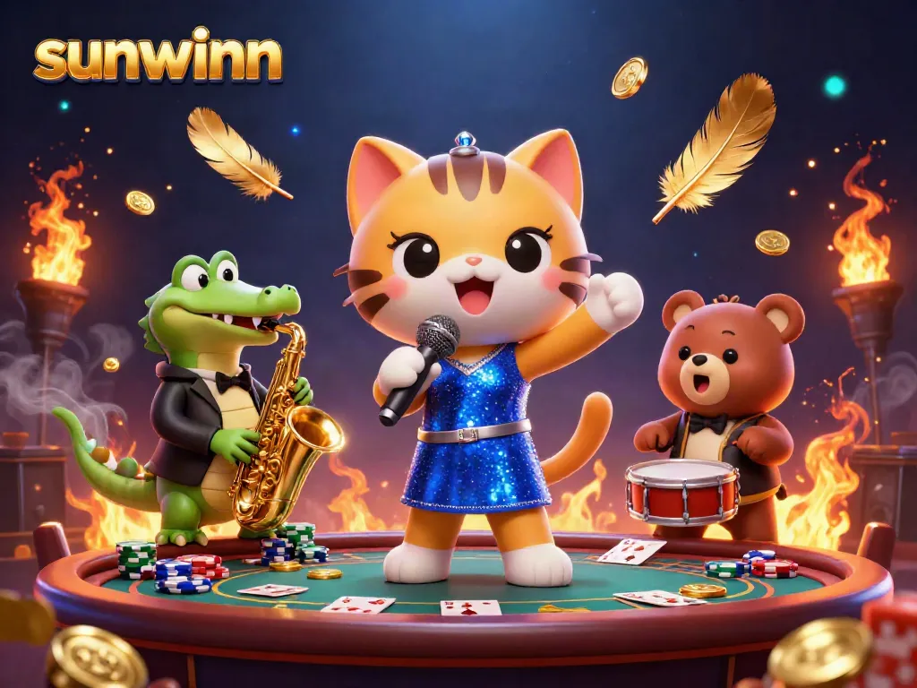 Experience excitement with sunwinn at a lively casino scene featuring unique characters and vibrant elements.
