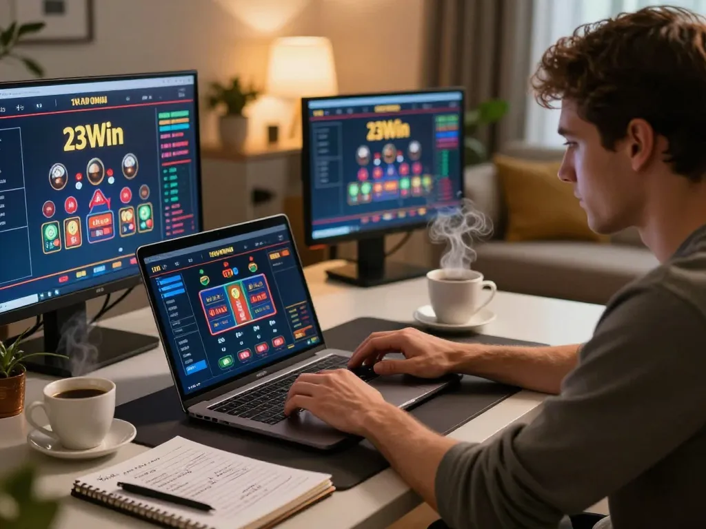 An intense poker session on 23Win, showcasing a warm home gaming environment and strategic atmosphere.