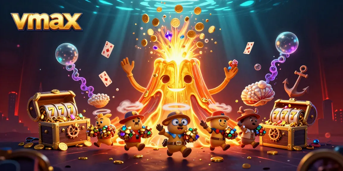 Experience vmax's thrilling online slots with a golden volcano erupting coins and treasures in this dynamic scene.