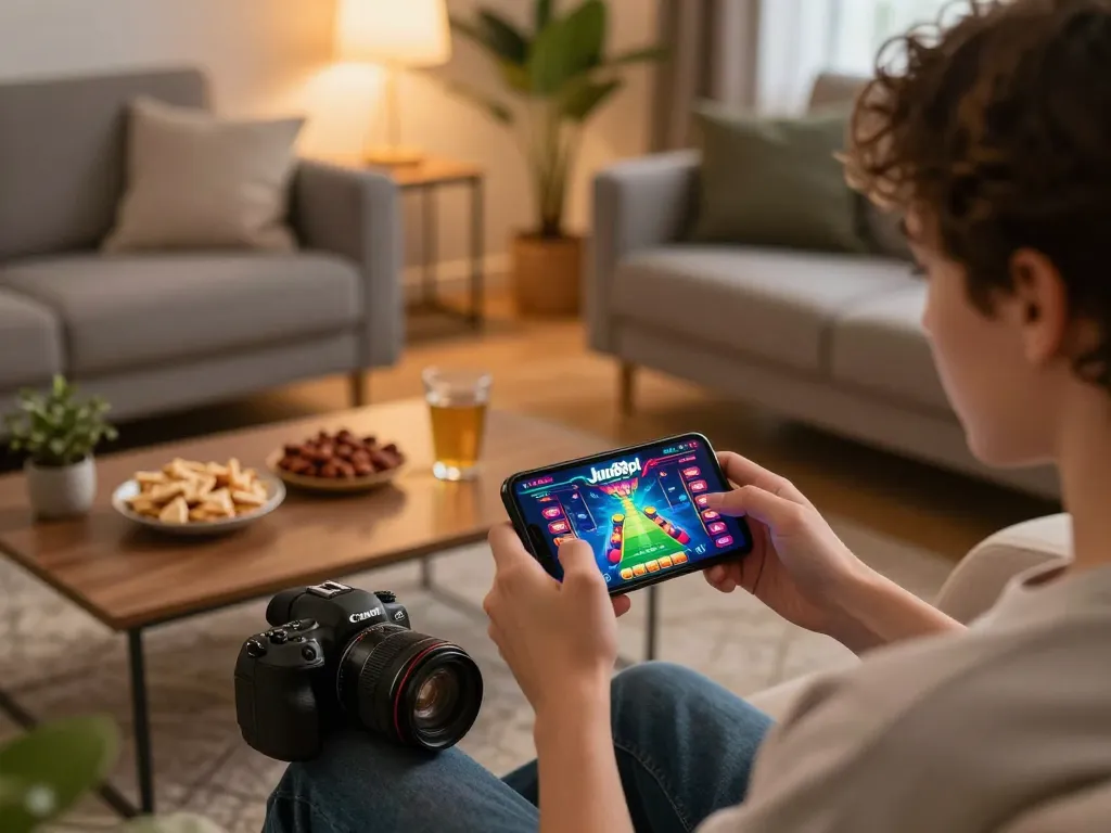 Player engaging with the Jun88pl casino app on smartphone in cozy home setup.
