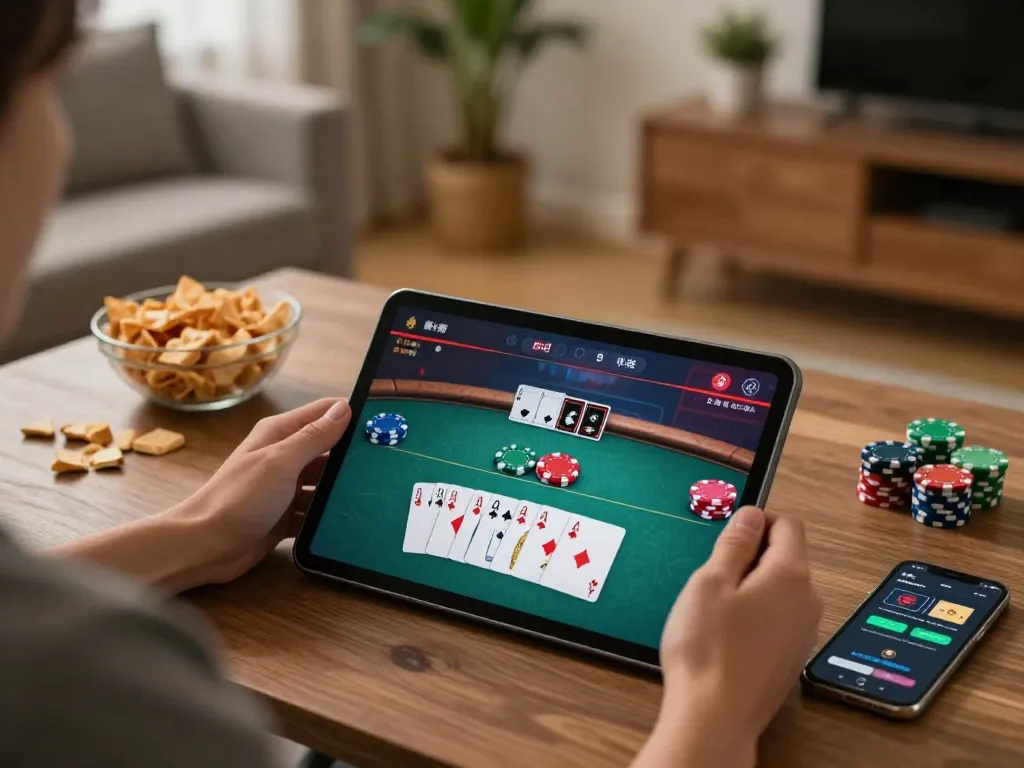 Person enjoying online poker gaming on Jun88 tablet at home with cozy setup and ambient lighting.