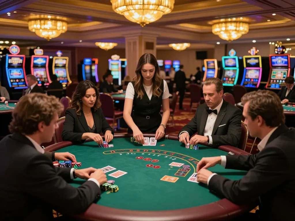 Players immerse in an exciting blackjack game at nhà cái 11BET's upscale casino, strategizing bets amid lavish decor.