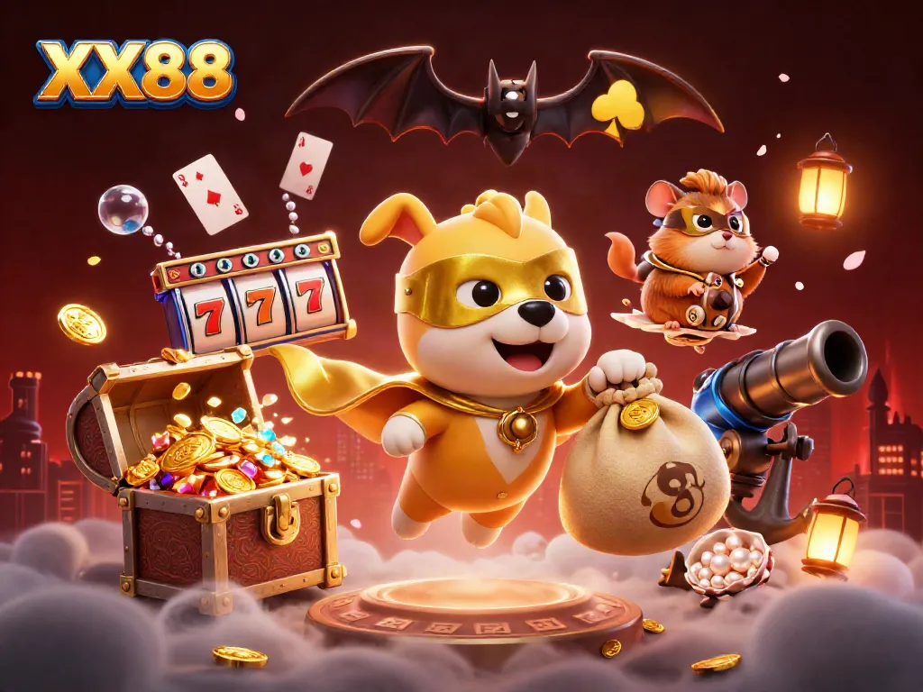 Experience thrilling jackpots with XX88 featuring a superhero dog and vibrant casino elements.