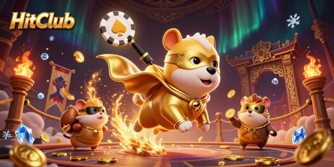 HitClub showcases a dynamic casino scene with a superhero dog and vibrant game elements.