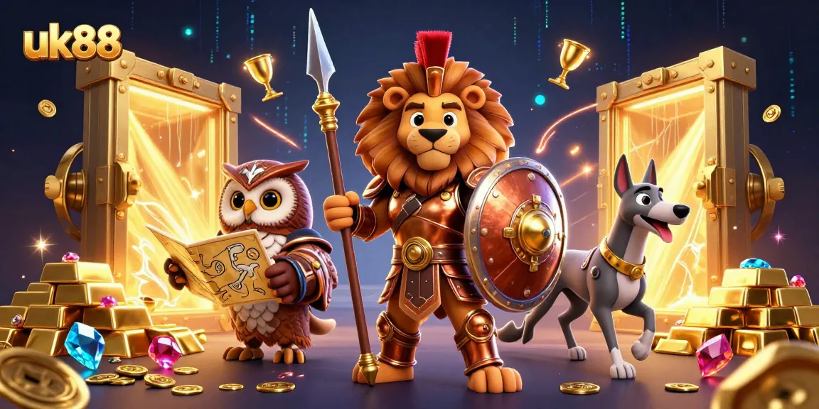 Experience thrilling gameplay with uk88’s vibrant and dynamic 3D casino scene featuring a Spartan lion, owl, and greyhound.