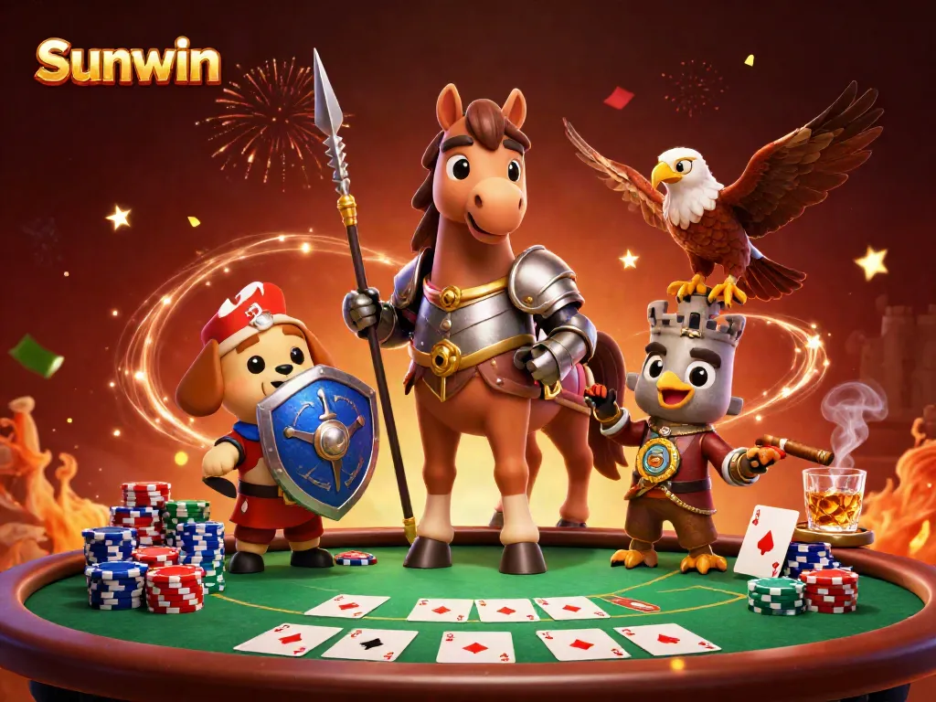 Join the action at Sunwin with a colorful scene of card games and a spirited knight