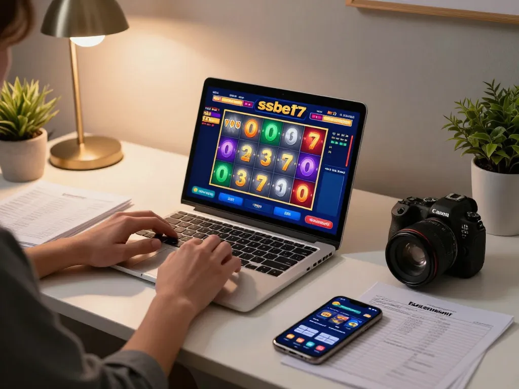 Engaging in strategic gameplay on ssbet77 with casino games on laptop and notes present
