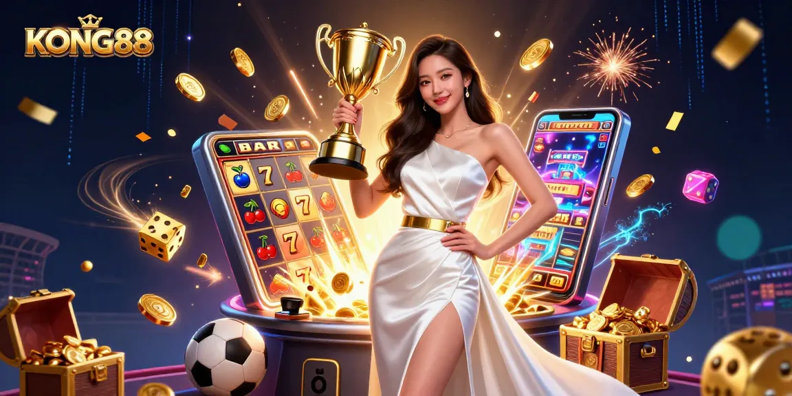 KONG88 celebrates victory in sports betting, showcasing a confident woman amidst jackpot slots and festive gaming elements.