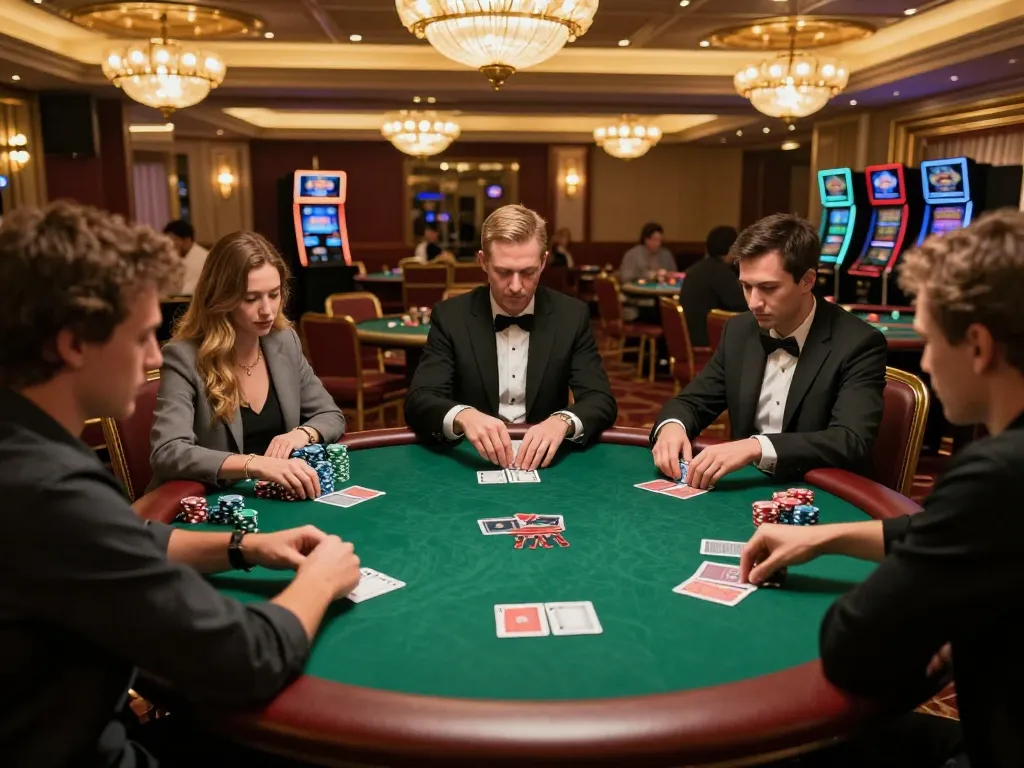 Intense poker gameplay captured in an upscale casino, highlighting strategic decisions during a thrilling session at fo88r.