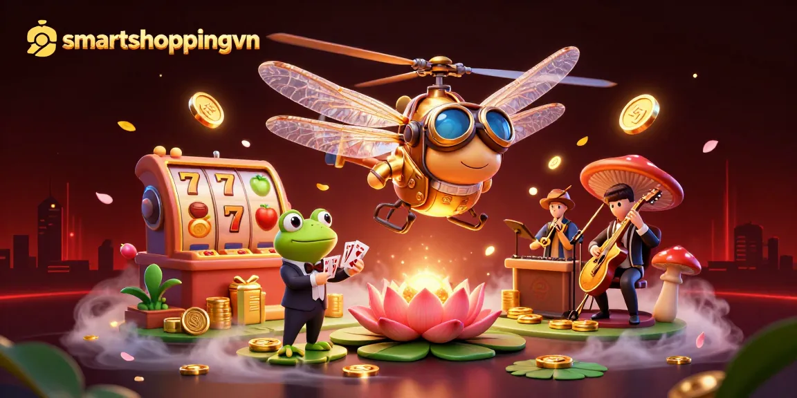Engaging smartshoppingvn scene of a dragonfly pilot and frog croupier amidst slot games and festive pursuits.