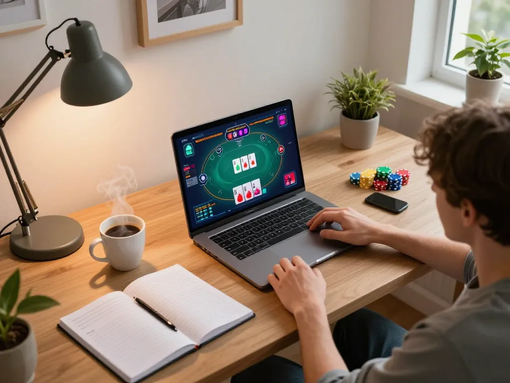 Engaged player strategizing in LUCKY88 poker game from a cozy home office setup.