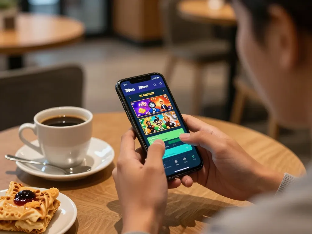 Engaging with 789win link on mobile app while enjoying a cafe atmosphere, showcasing online gaming.