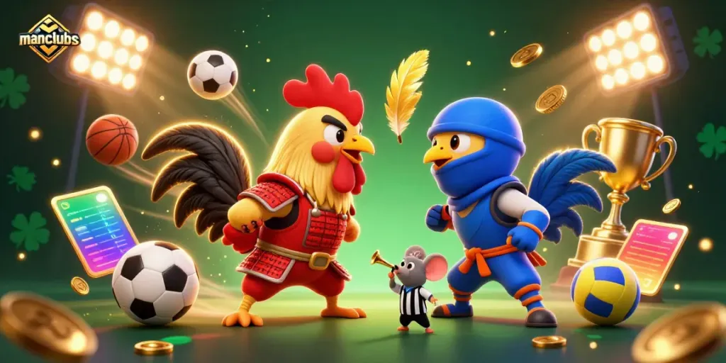 Experience thrilling competition at manclubs featuring 3D roosters and sports elements for a vibrant gaming atmosphere.