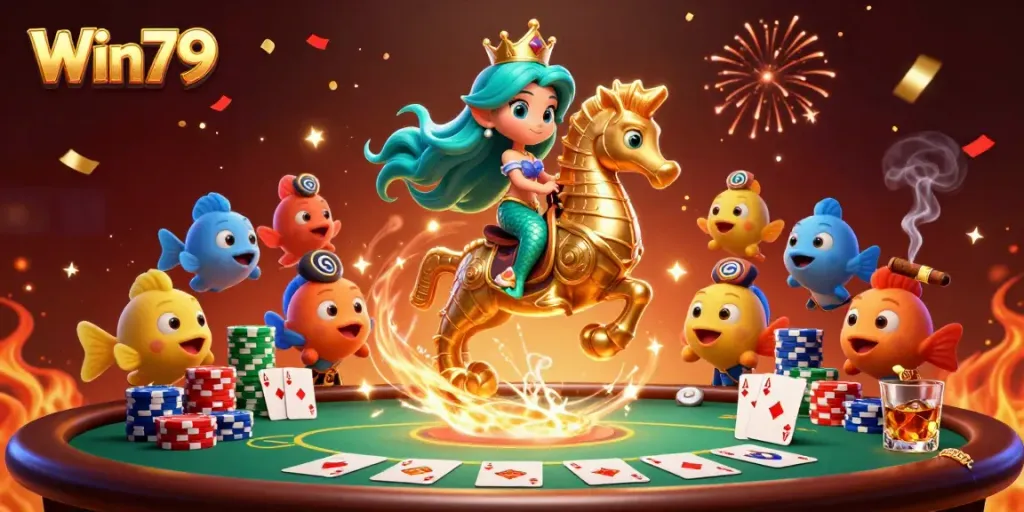 Win79 captivates players with a vibrant scene featuring a cartoon mermaid, seahorse, and poker elements.