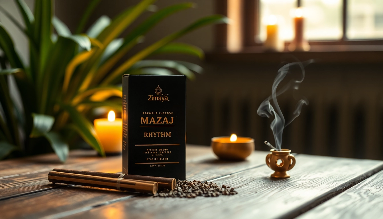 Mazaaj Rhythm by Zimaya, premium incense blend on a rustic table with calming ambiance.