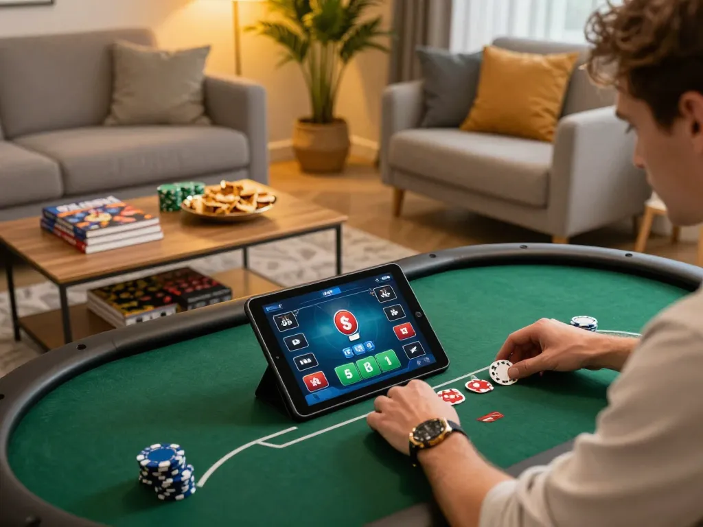 Player enjoying poker gameplay on a tablet at nk88.com in a cozy home setting with snacks.