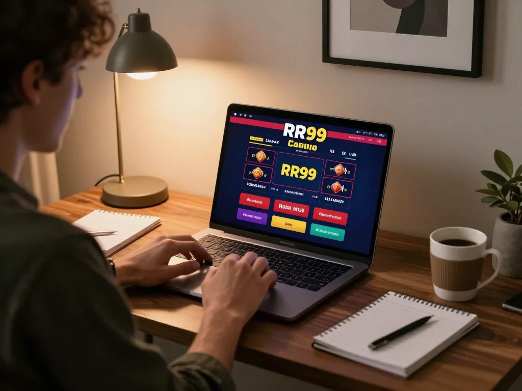 Engaging in online gambling at https://rr99.uk.com/ with a laptop and strategy notes in a cozy environment.