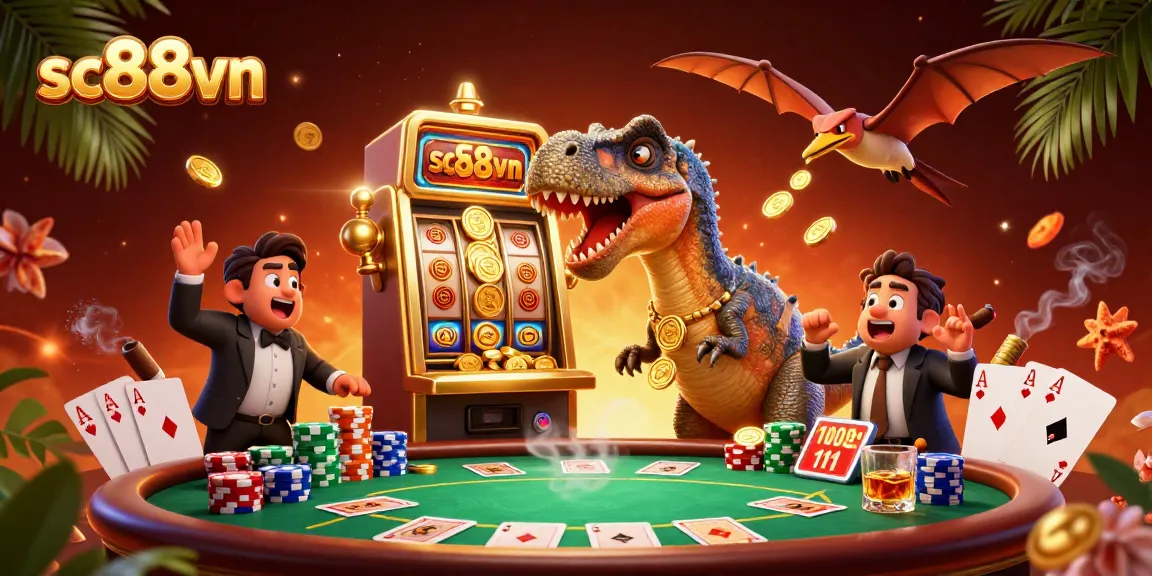 Experience the thrill of winning at sc88vn with a dinosaur-themed casino illustration featuring exciting jackpot action!