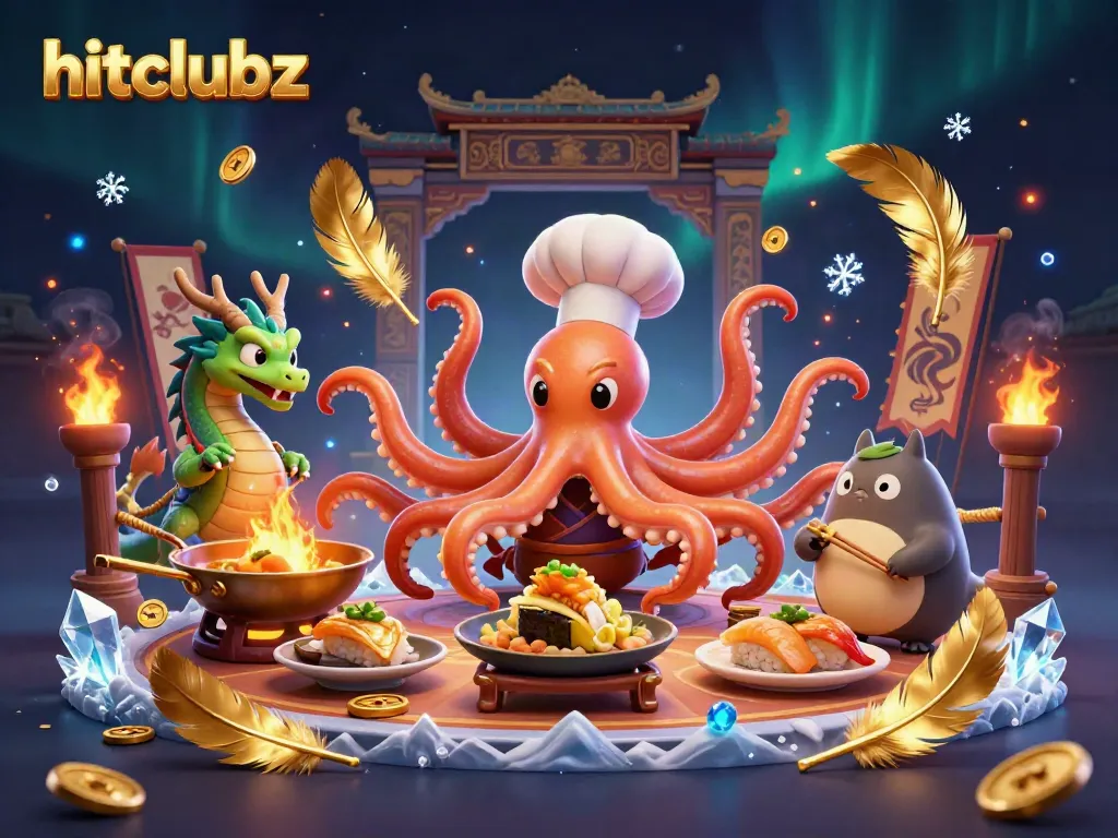 Experience the vibrant action at hitclubz, featuring a sushi chef octopus, dragon, and tanuki in a lively casino scene.