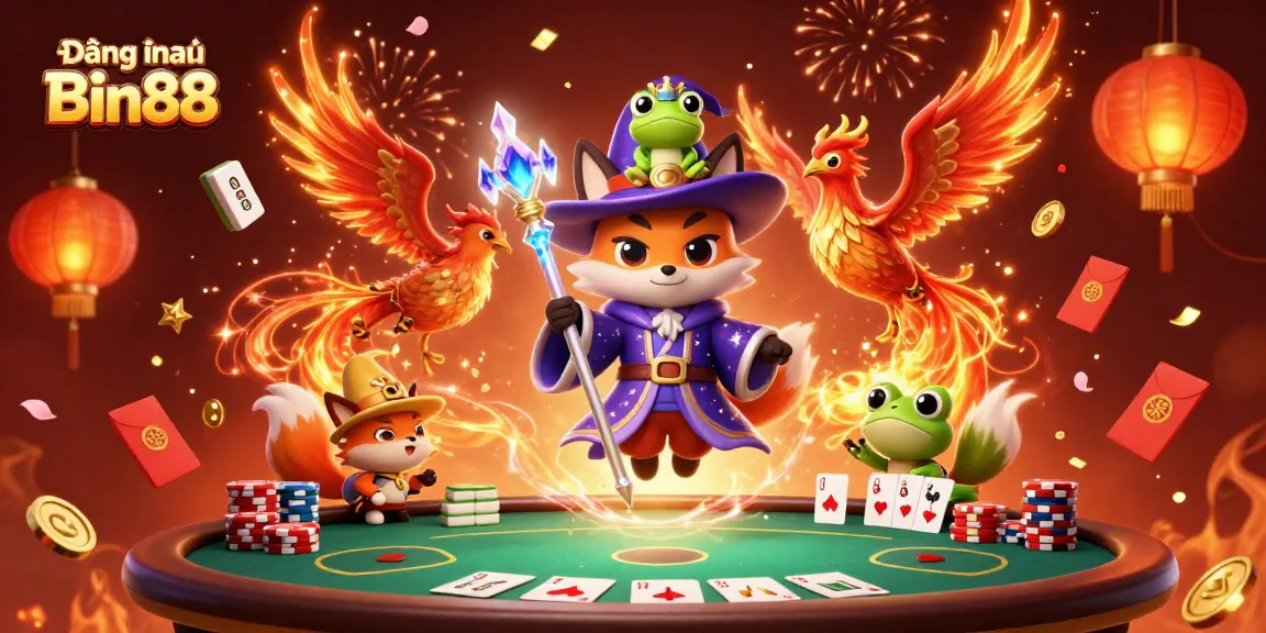 Join the fun with Đăng nhập Bin88, featuring poker, majiang, and festive elements in a vibrant casino scene.