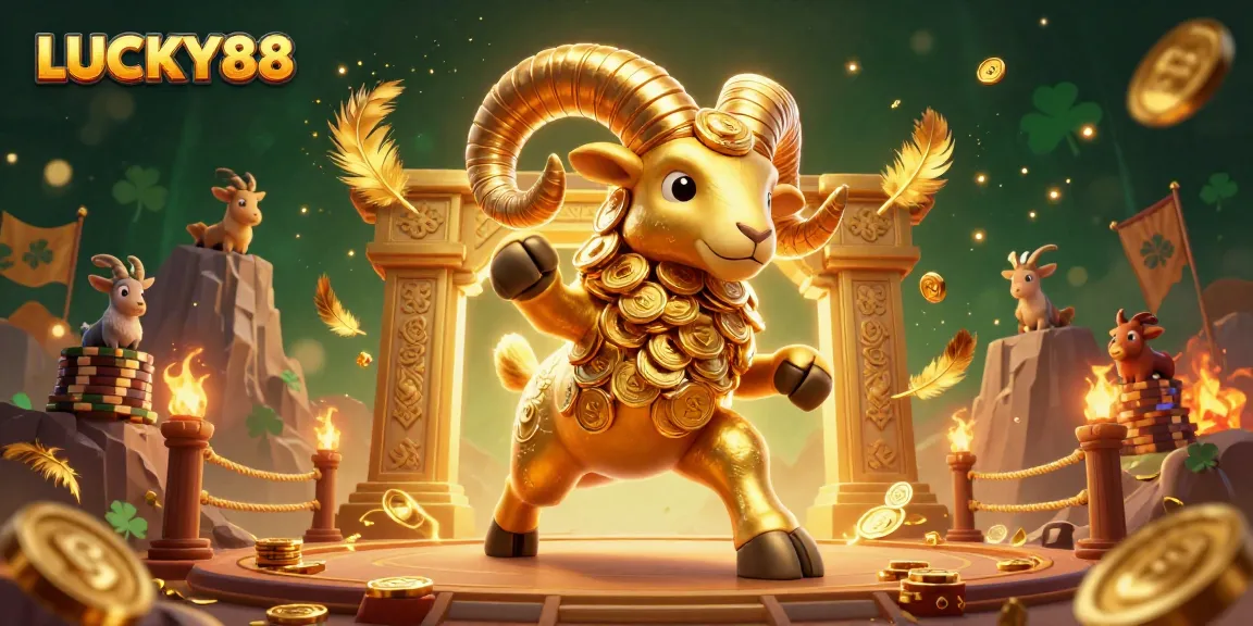 Experience LUCKY88 with thrilling elements like golden coins and an explosive ram in a vibrant casino scene.