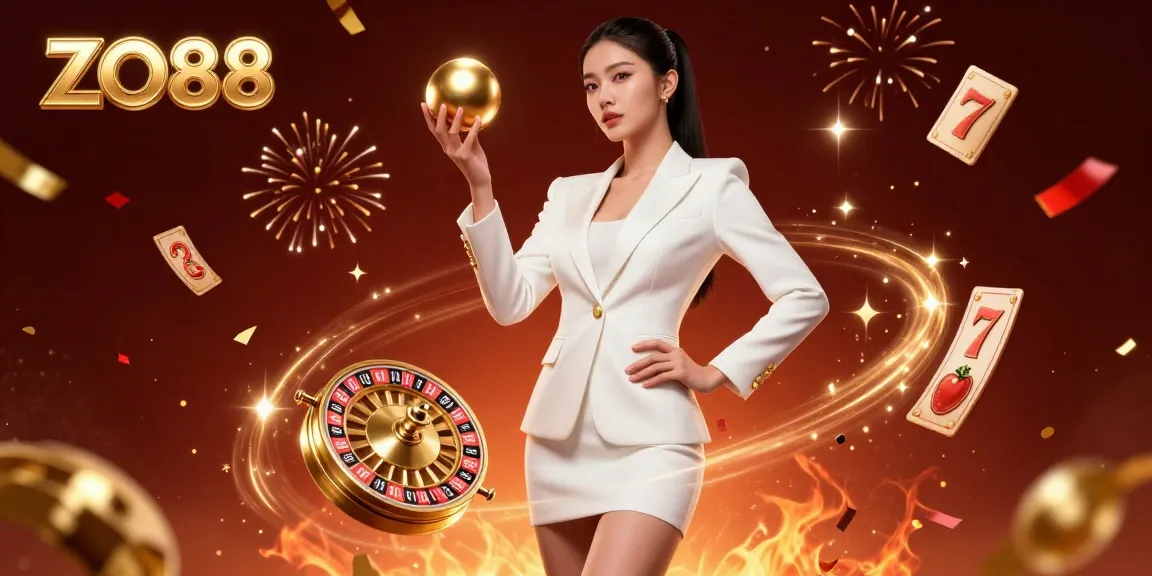 Experience the thrill of ZO88 with dynamic slot game elements and a stunning casino scene.