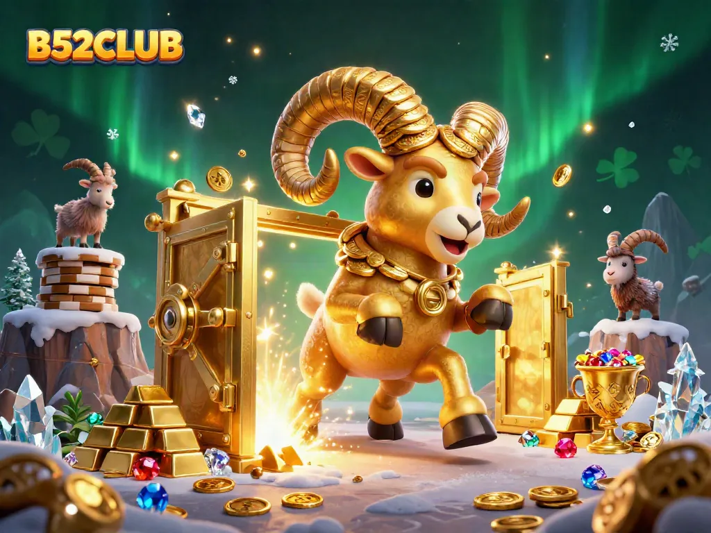 B52CLUB interactive casino scene with a golden ram charging through a treasure vault, showcasing vibrant gems and coins.