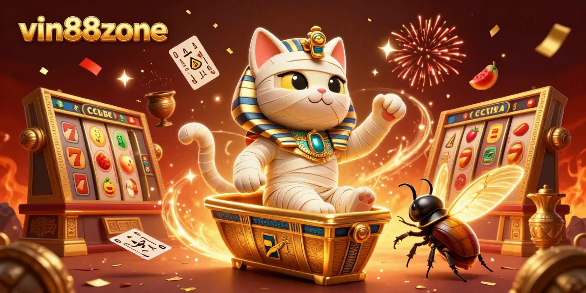 Experience thrilling wins at vin88zone with the lively mummy cat and vibrant casino elements.