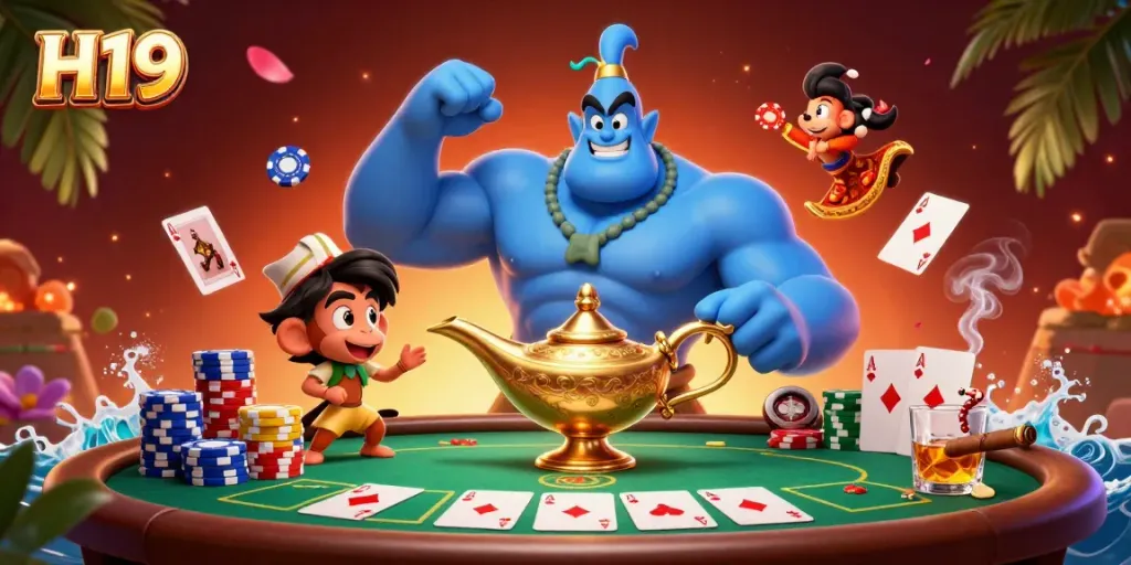 Experience the thrill of H19 with a genie, poker chips, and a colorful casino scene.